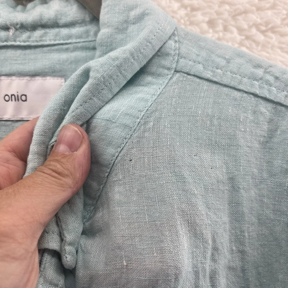 Onia Linen Shirt Men Medium Teal Blue Standard Short Sleeve Designer $150